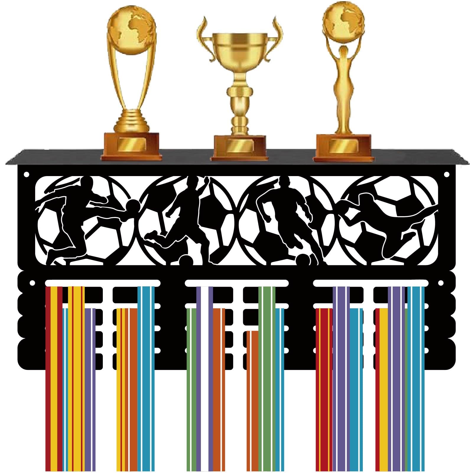 CREATCABIN Soccer Trophy and Medal Display Shelf Metal Medal Holder Hanger Upgraded Sports Athletes Competition Race Awards Lanyard Ribbons Rack Frame Shelf for Hanging over 70 Medals Medalists