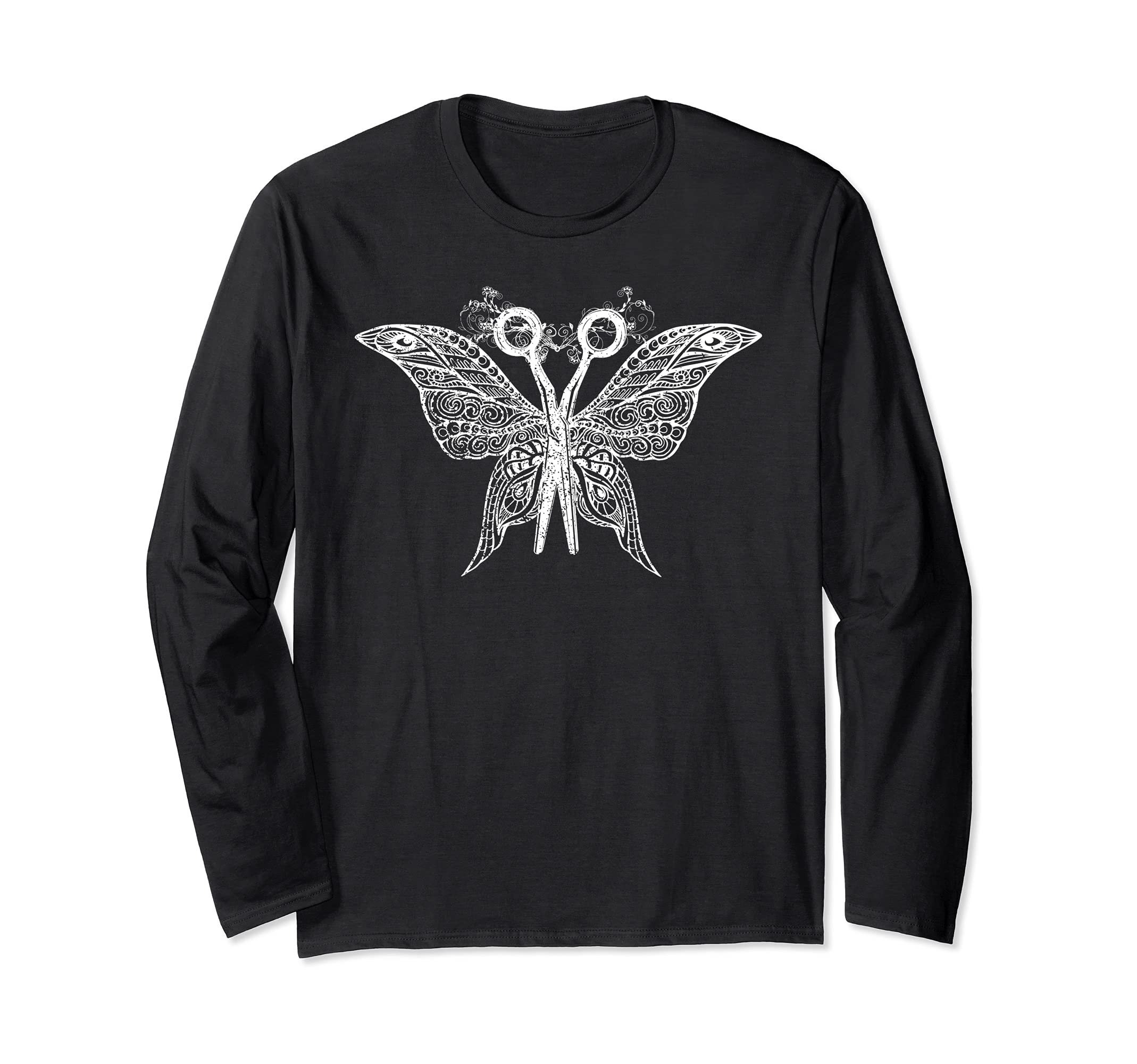 Hairdresser Goth Girl Hustler Butterfly Tattoo Art Scissors Long Sleeve T-Shirt