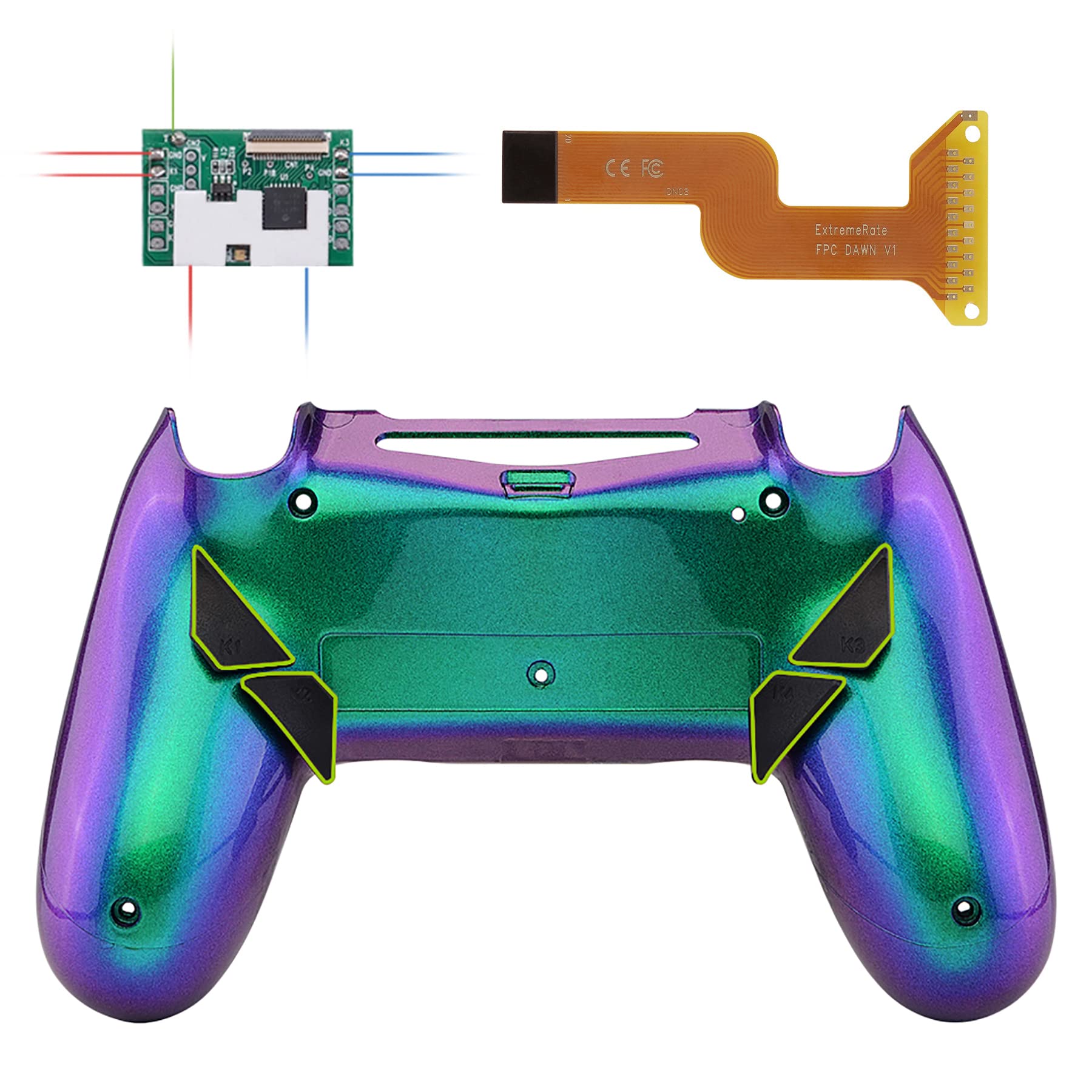 eXtremeRate Chameleon Green Purple Dawn Programable Remap Kit for ps4 Controller with Upgrade Board & Redesigned Back Shell & 4 Back Buttons - Compatible with JDM-040/050/055 - Controller NOT Included