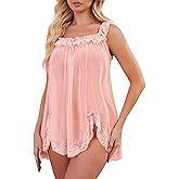 Vicarly Sexy Split Side Lace Ruffle Bows Mesh Sheer Babydoll Lingerie Dress with Thong Set 2 Piece