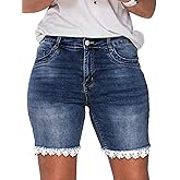 Flamingals Bermuda Jean Shorts for Women Mid Waist Summer Trendy Stretchy Lace Trim Denim Shorts