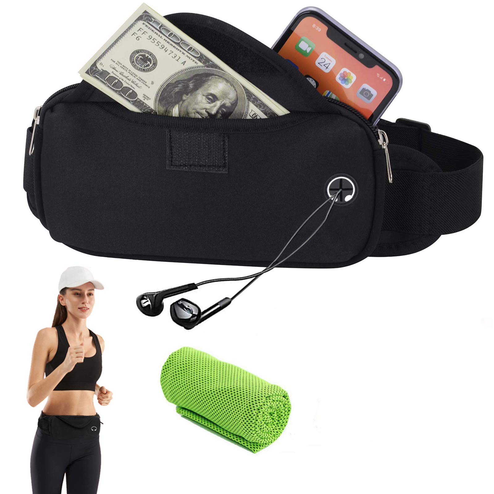 Women's Men's Waterproof Sports Waist Bag Running Belt Pouch for Money Passport Tickets Mobile Phone Suitable for Climbing Cycling Travel Jogging, Black, L