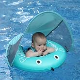 Mambobaby Float Self-Inflating Baby Pool Float with Canopy for 3-24 Months | Compressible Baby Float with UPF 50+ UV Sun Shade Travel Infant Pool Swim Float Solid Swimming Trainer for Beach, Green
