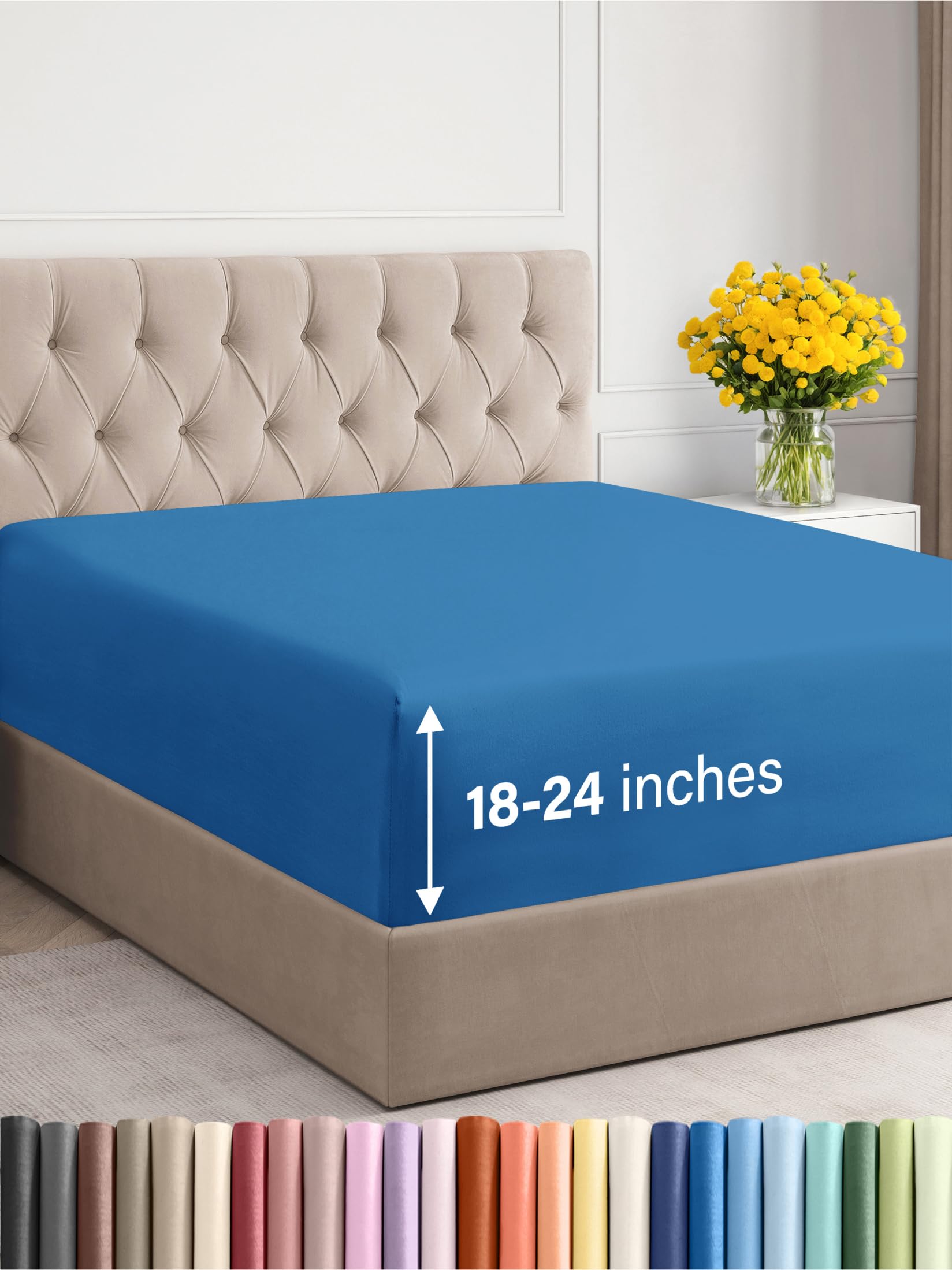 Photo 1 of Extra Deep Queen Fitted Sheet - Hotel Luxury Single Fitted Sheet Only - Easily Fits 18 inch to 24 inch Mattress - Ultra Soft, Wrinkle & Fade Free w/Extra Deep Pocket - Breathable & Comfy - Royal Blue