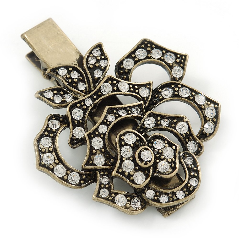 Vintage Inspired Clear Austrian Crystal Open Rose Hair Beak Clip/Concord Clip/Clamp Clip In Bronze Tone - 60mm L