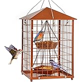 Mealworms Bird Feeders for Bluebirds - Metal - Huge Caged Squirrel-Proof Bird Feeders with 2 Cups, DIY Wild Bird Feeders Outdoor Hanging (Brown), Attract Wild Birds, 2lbs Seed Capacity+1 Mealworms Cup