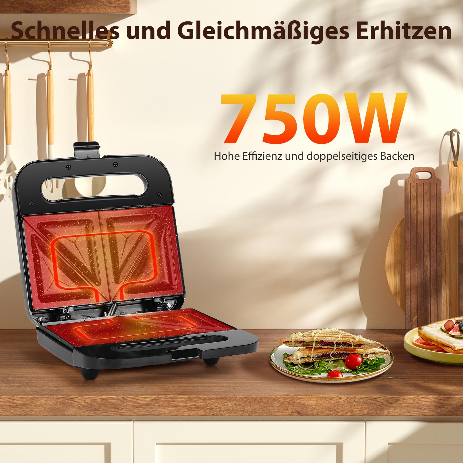 Aigostar Sandwichmaker für 2 Sandwiches, Sandwichtoaster mit Antihaft-Keramikbeschichtung, automatische Temperaturregelung 180-200℃, Kontrollleuchten, Cool-Touch-Griff, 750W, Edelstahl/Schwarz 5