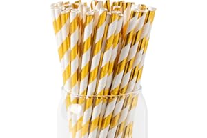 PakTalk [100 Pack] Gold Paper Straws, Gold and White Striped Straws Disposable Party Straws for Cake Pops Party Decoration in Birthday Baby Shower Wedding (Gold Stripe, 7.75" x0.24")