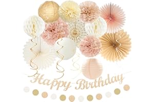 Champagne-Gold Beige Fall Boho Birthday Party-Decorations - 21pcs Autumn Neutral Retro Happy Banner,Girl One Sweet Peach Paper Streamers Lanterns,Tissue Pom Poms Fan,Rustic Backdrop Decor Huglony