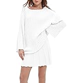 EZAPINE Womens Sweater Skirt Set Oversized Casual Loose Knit Sweater Pleated A Line Mini Skirt 2 Piece Outfits