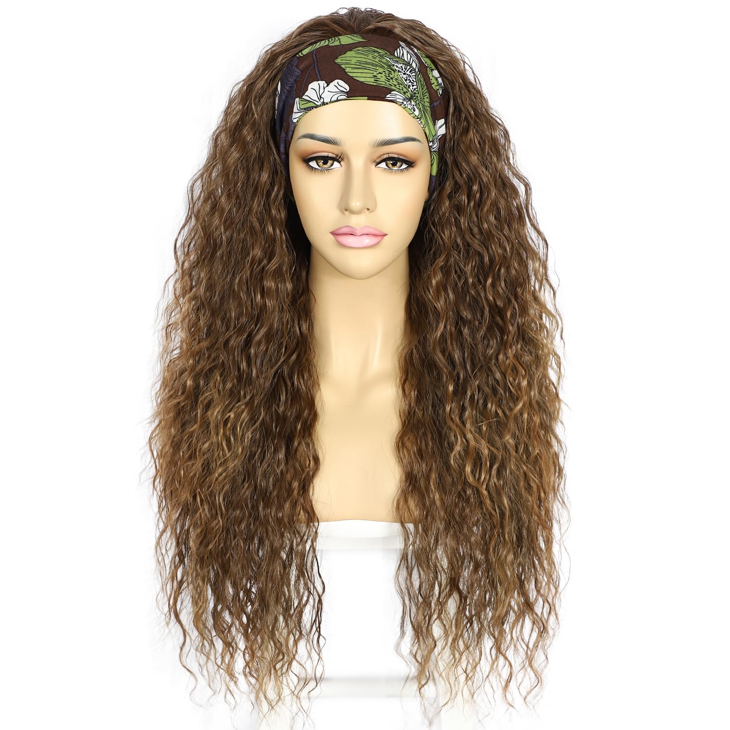 Sapphirewigs Curly Headband Wig Synthetic Wigs for Women Ombre Brown Loose Water Wave Headband Hair Glueless 150% Density 26 inch