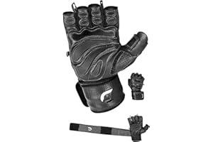 GRIP POWER PADS Elite Leather Gym Gloves with Built in 2" Wide Wrist Wraps Grip & Design for Weightlifting Power Lifting Bodybuilding & Strength Training Workout Exercises