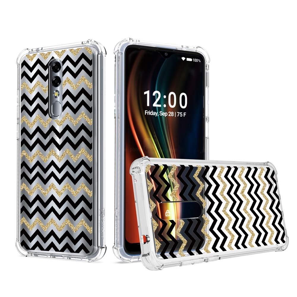 MyFavCell Compatible for Coolpad Legacy Brisa 6.5" with [HD Tempered Glass] Transparent Shockproof Clear Hybrid Design Case Cover KaseAult HRWireless Series (Black Gold Zigzag)