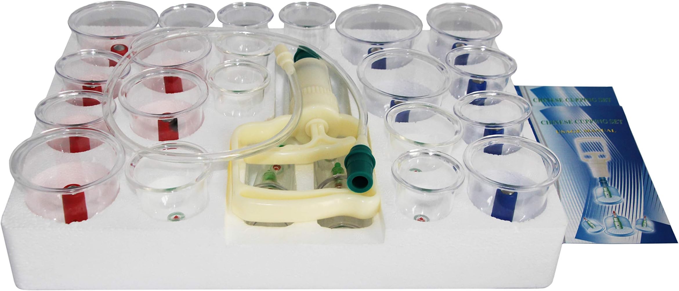 Massage cupping set with plastic cupping glasses with magnets and vacuum pump (24 set).
