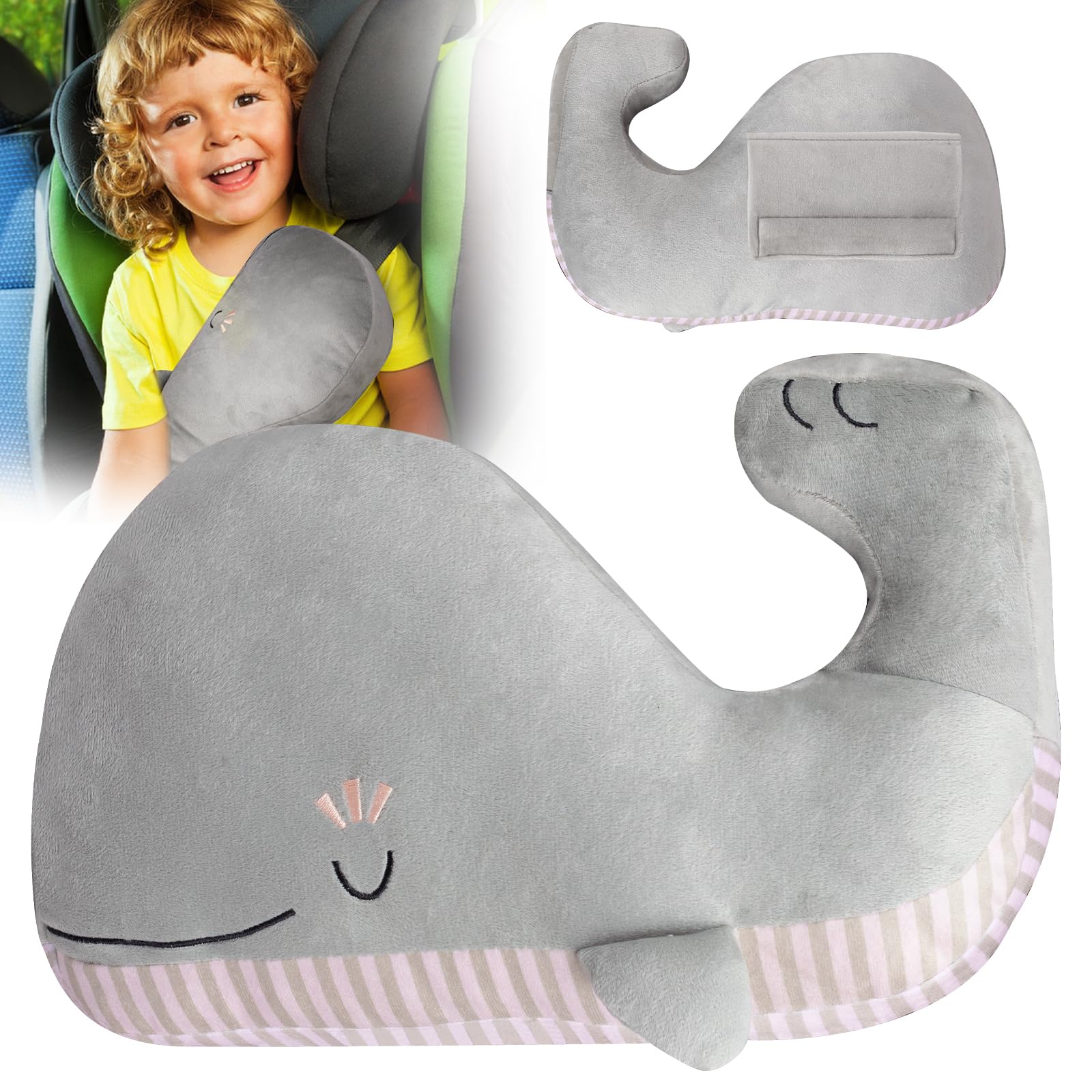 Pinkgarden Seat Belt Pillow for Kids, Soft Plush Seatbelt Cover Cushion with Neck Support, Car Safety Belt Pads for Children's Headrest, Boys and Girls Travel Accessory (Whale)