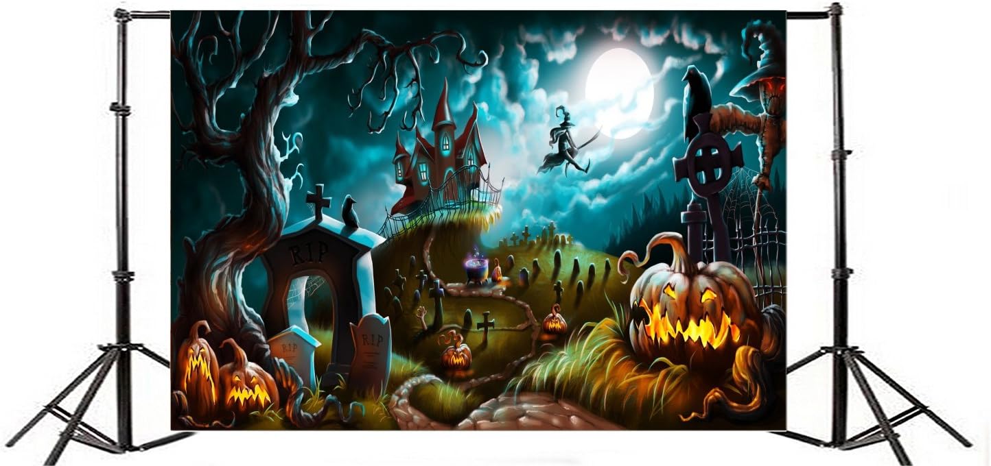 Laeacco ビニール写真背景 8x6 5フィート ハロウィン夜 ミステリー 墓地イラスト ゴーストツリー お化け屋敷 十字架 かぼちゃの怖い夜 月 背景幕 子供の写真ポートレート撮影 バックペーパー 背景布 通販 Amazon