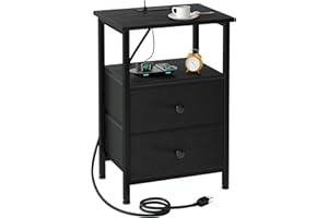 LOAKEKEL Night Stand, Nightstand with Charging Station, End Table with Storage 2 Fabric Drawers for Bedroom, Small Bed Side Table with USB Ports and Outlets for Living Room, Black, HETS020BK-1