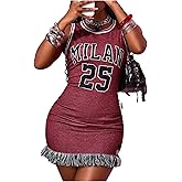 OYOANGLE Women's Y2K Letter Print Bodycon Jersey Dress Fringe Hem Party Night Out Mini Tank Dresses