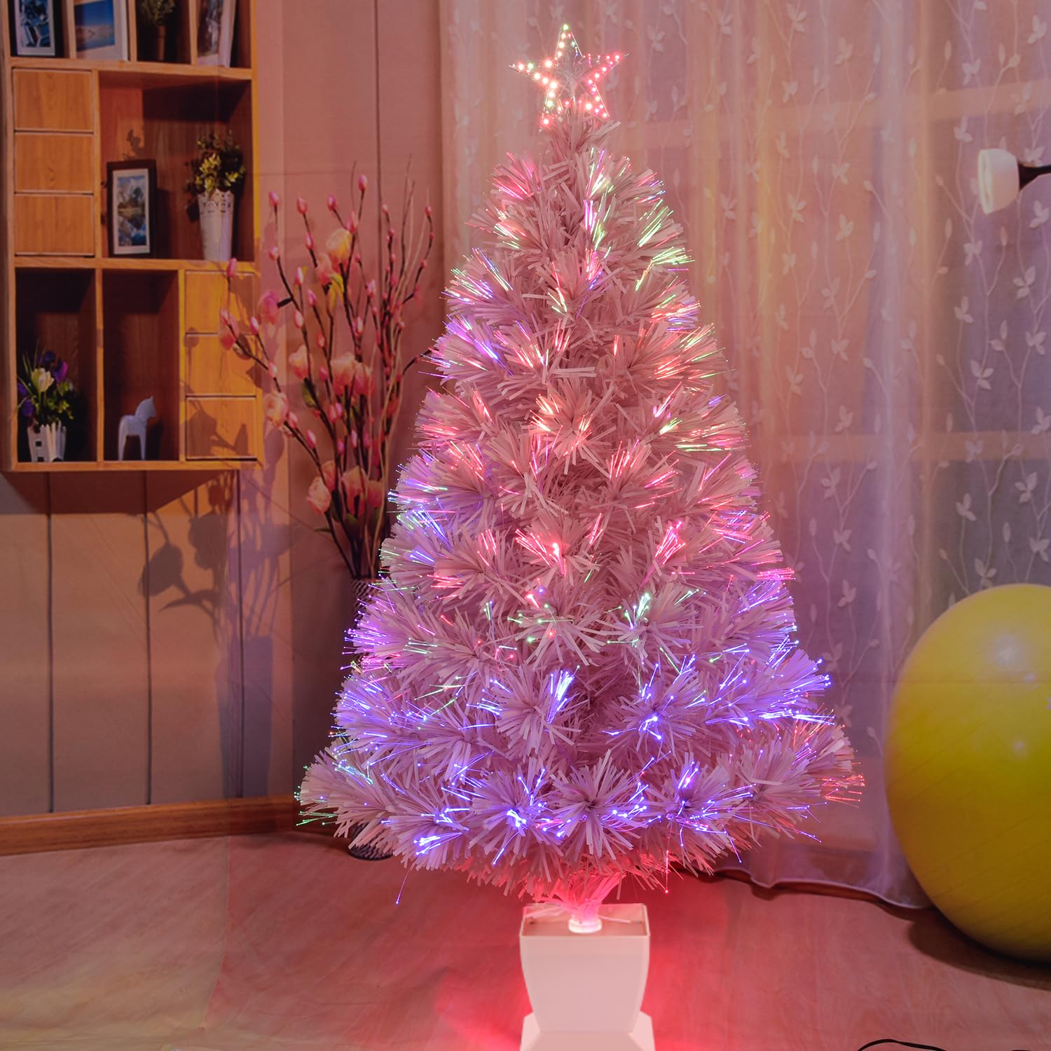 Photo 1 of 3ft Pink Fiber Optic Christmas Tree,Pre-Lit Artificial Mini Christmas Tree, Tabletop Small Xmas Tree with Stars Holiday Home Decorations