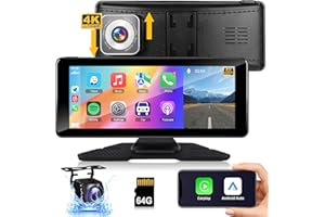 NHOPEEW 6.88 Inch 4K Wireless Apple Carplay Screen for Car - Protable Android Auto Dash Mount - Voice Control/GPS Navigation/AirPlay/Mirror Cast/AUX/USB Input + 64GB TF Card + AHD Backup Camera