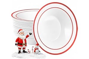 Goodluck 50 Pack Plastic Bowls with Red Rim, 12oz Disposable Soup Bowls, Heavy Duty Dessert Bowls for Weddings, Parties, Christmas Dinners, Catering, Thanksgiving and Everyday Use