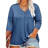 Tankaneo Women Plus Size Tops V Neck 3/4 Sleeve Casual T Shirts Loose Basic Tunic Tees