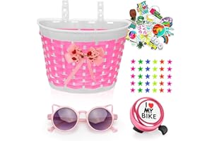 Suerico Kids Bike Basket for Girls Boys,Bicycle Basket with Bike Bell Stickers Wheel Spokes Riding Sunglasses,Kids Bike Decorations Accessories