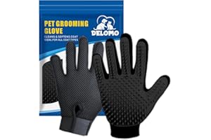 DELOMO Upgrade Version Pet Grooming Glove - Gentle Deshedding Brush Glove - Efficient Pet Hair Remover Mitt - Enhanced Five Finger Design - Perfect for Dog & Cat with Long & Short Fur - 1 Pair (Black)