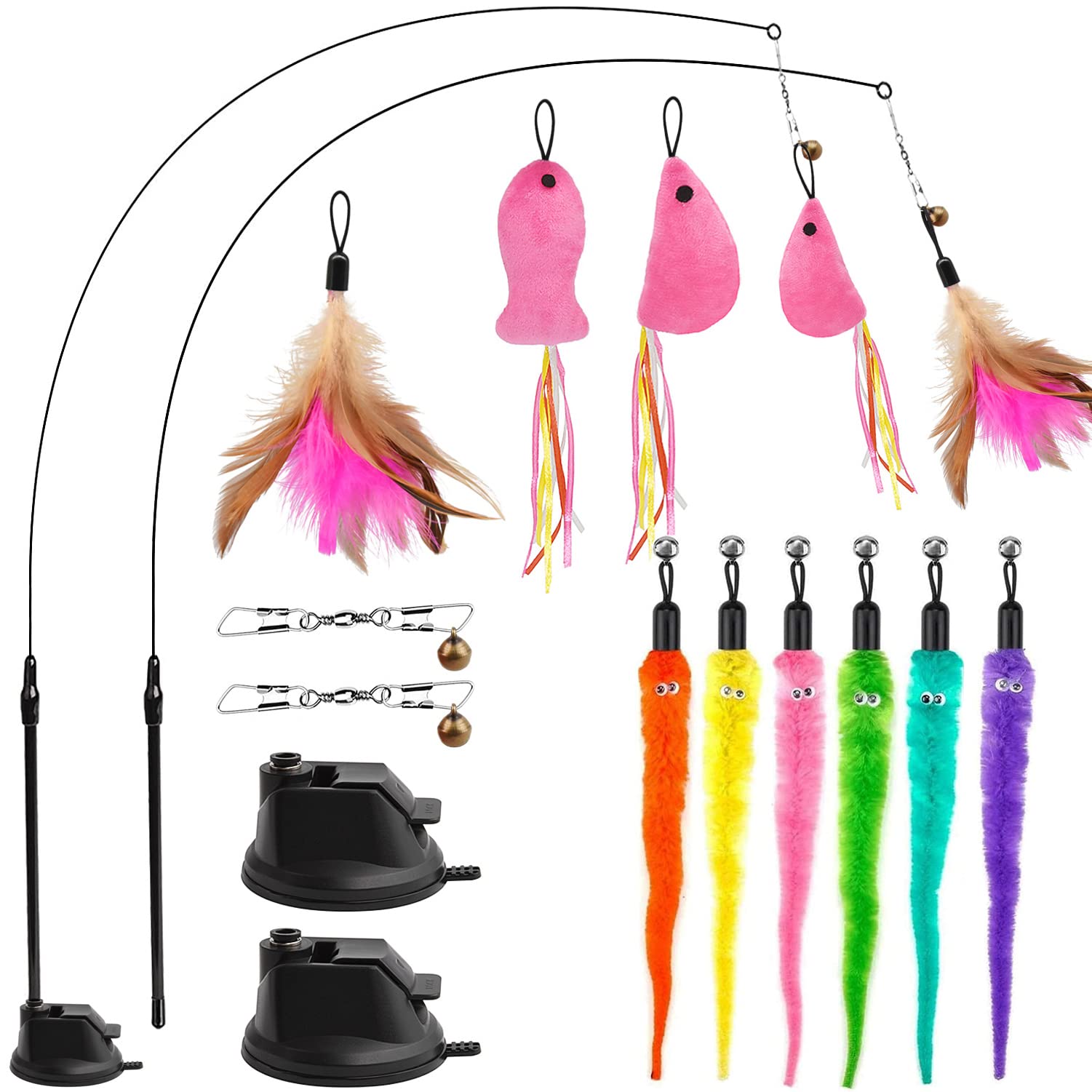 GingerUPer Cat Toys for Indoor Cats Adult Kitten Interactive Training,Cat Feather Toy,Interactive Cat Teaser Wand with Bells and Feather,9 Refills and 2 Super Suction