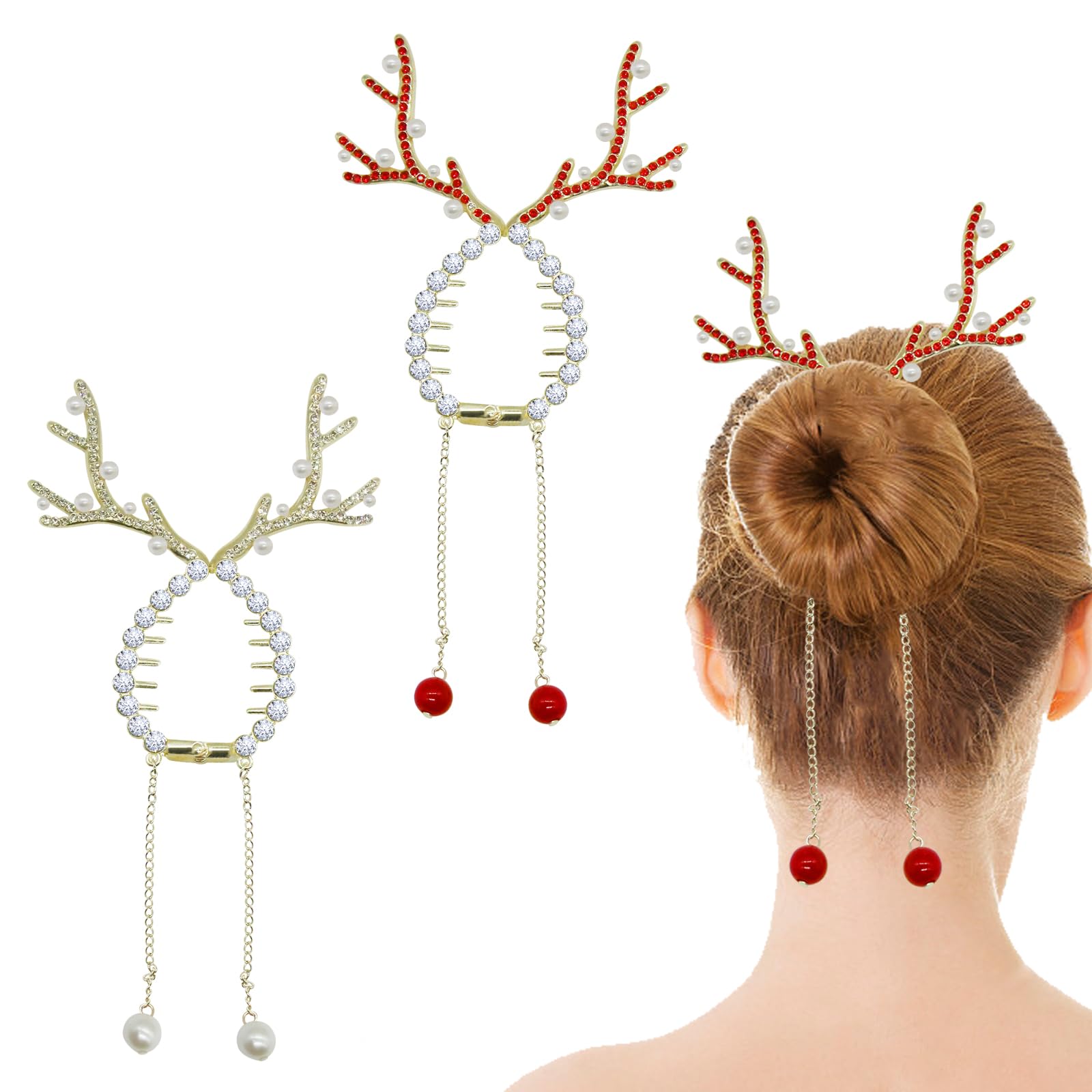 2 Pcs Christmas Hair Accessories, Christmas Reindeer Ponytail Bun Holder Claw Clips Supplies, Xmas Hair Accessories for Women, Winter Hair Clip with Rhinestone Pearl Design Metal Hair Clips for Women