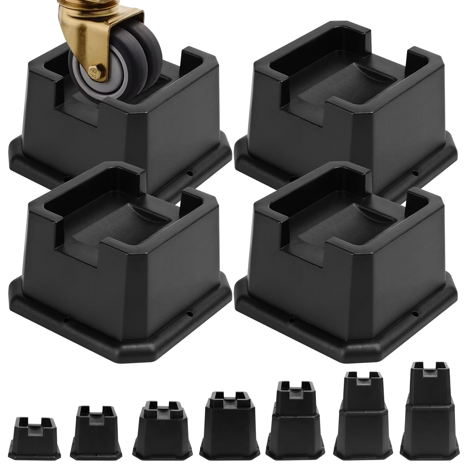 Photo 1 of MCXYEM Adjustable Bed Furniture Risers Elevation in Heights Heavy Duty Risers for Both Posts and Wheels of Furniture Sofa Bed Couch Table (Black 4 Pack, 2 Inch)