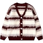Bakyarder Men's Color Blocking Striped Fuzzy Cardigan Casual Vintage Oversized Button Down Knit Sweater