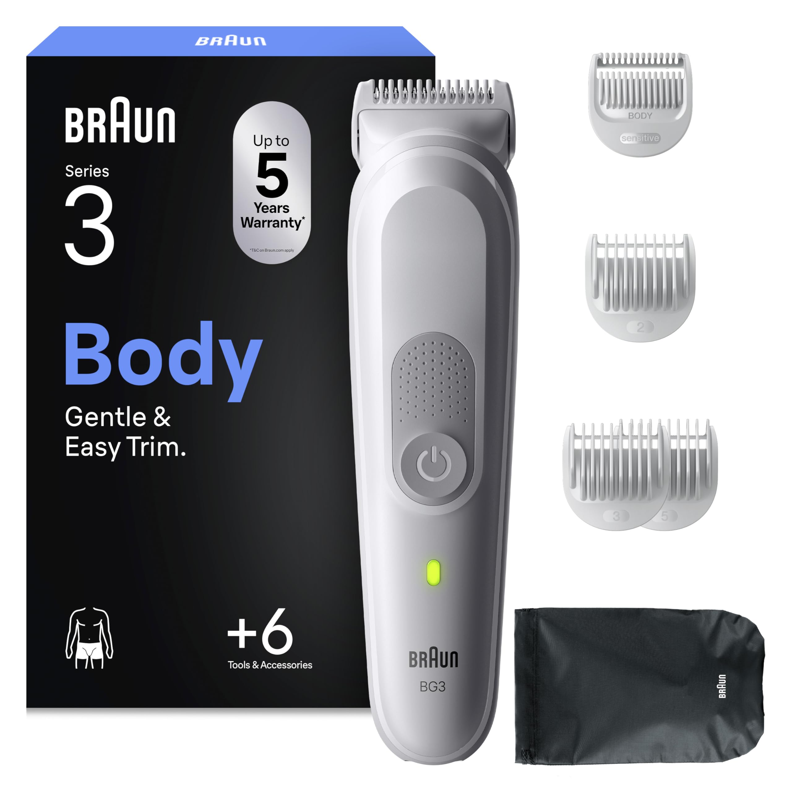Braun Rasoio Elettrico Corpo Uomo Series 3, +6 Strumenti Di Rasatura, Con Tecnologia SkinGuard, 80 Min Di Utilizzo, Impermeabile, Rasoio Parti Intime Uomo, BG3575, Grigio
