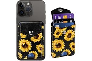 Yiyahu Self Adhesive Card Holders for Back of Phone, Cute Leather RFID Phone Wallet Pockets with Snap, Slim Card Holders Sleeve for Phone Case, Sunflower