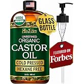 USDA Organic Castor Oil, 100% Pure Cold-Pressed Hexane-Free, 16 Oz | For Hair Growth, Stomach, Fuller Lashes &amp; Brows, Skin Nourishment &ndash; Ricinoleic Fatty Acids, Unrefined, Glass Bottle with Pump