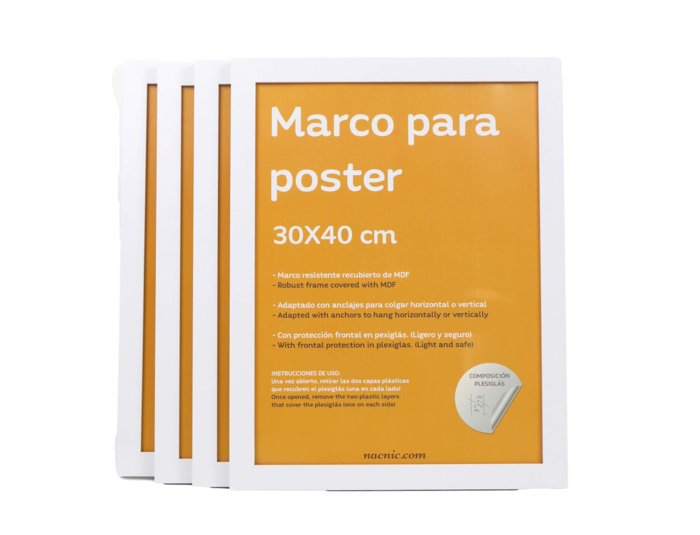 Nacnic Set of 4 Classic Photo Frames for Protecting and Displaying Photos, Diplomas, Posters, Art Prints. Several Sizes and Colours. White. Size 30 x 40 cm