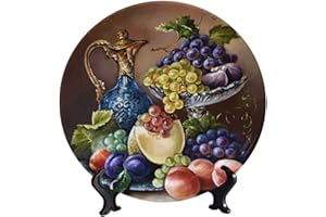 LIGUTARS Still Life Fruit Ceramic Decorative Plates, Grape Peaches and Jug Decorative Plate, with Vertical Stand Art Porcelain Plate, Fit for Bedroom Living Room Bathroom Wall Hanging Decor