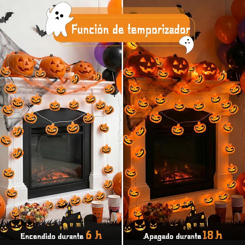 Guirlanda de luzes de Halloween, 3 m, 20 LEDs, abóbora, bateria exterior com temporizador de 6 horas, impermeável IP65, para decoração de Halloween, festas temáticas de zombies