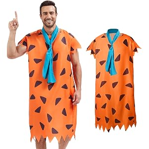 GENEHELF Halloween Men's Costume Adult Caveman Outfit, Includes an orange costume and scarf for Cosplay and Parties