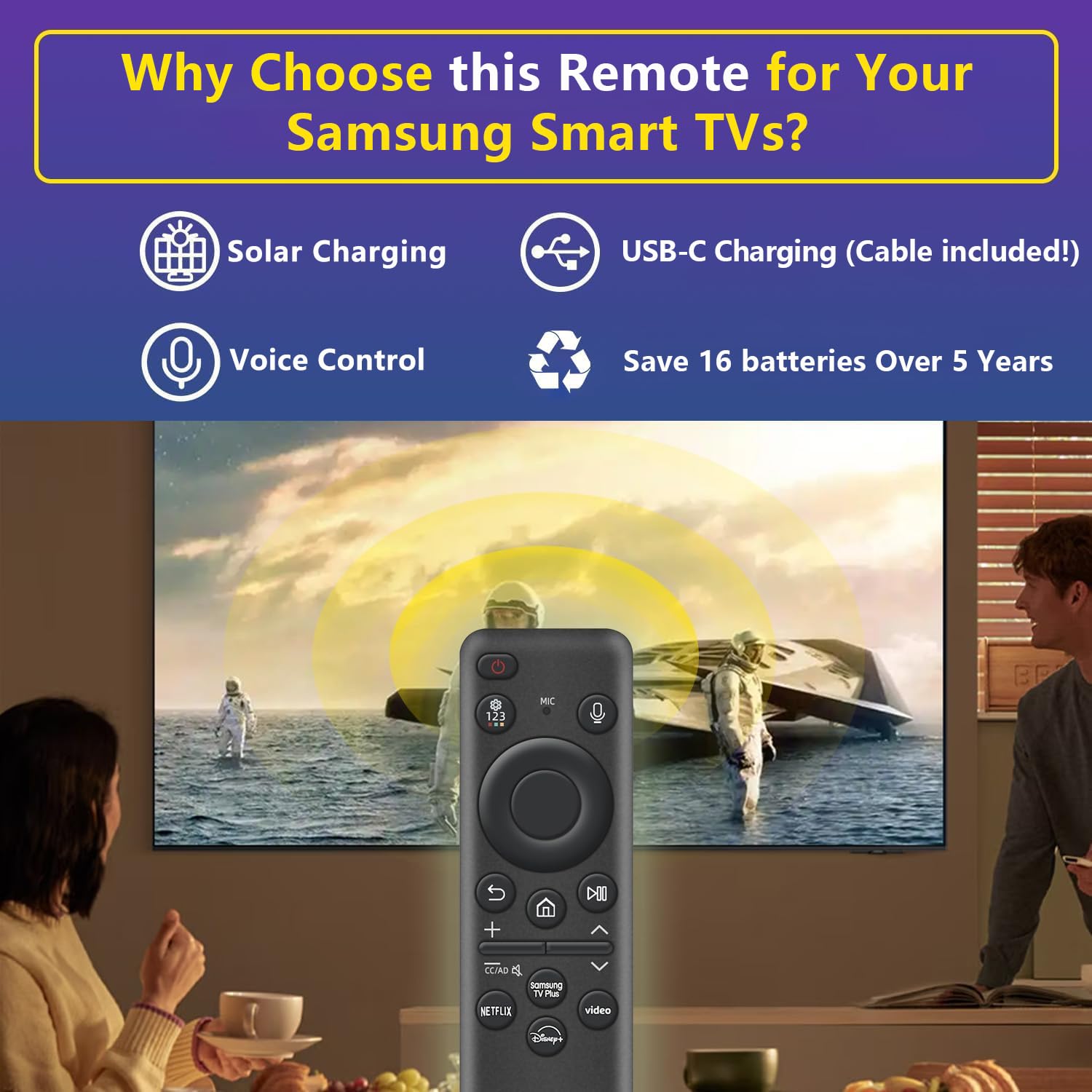 Rechargeable Voice Remote for Samsung Smart TVs, Replacement for 2021–2025 Samsung TV Remote Control with Solar Charging and Voice Search. 2-Year Warranty.