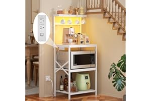 Korfile Kitchen Bakers Rack with Power Outlet & LED Lights, Small Coffee Bar Table with Adjustable Storage Shelf, 4 Tiers Microwave Stand with 8 Hooks, Coffee Station for Appliance Organizer, White