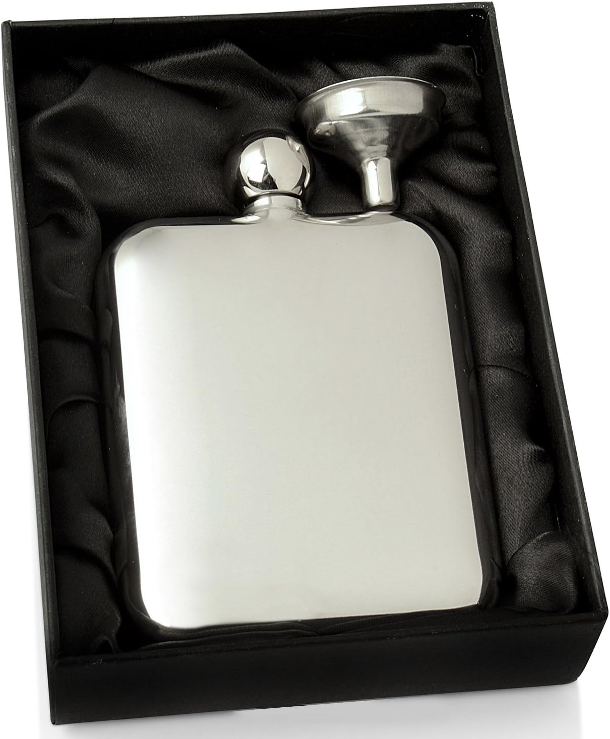Personalised Engraved 6oz Hip Flask with Round Top in Black Satin Lined Gift Box - by Charles Hendon