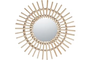 11 Inch Boho Round Rattan Mirror with Natural Sunflower Weave, Rustic Hanging Wall Mirror for Living Room, Bedroom & Entryway