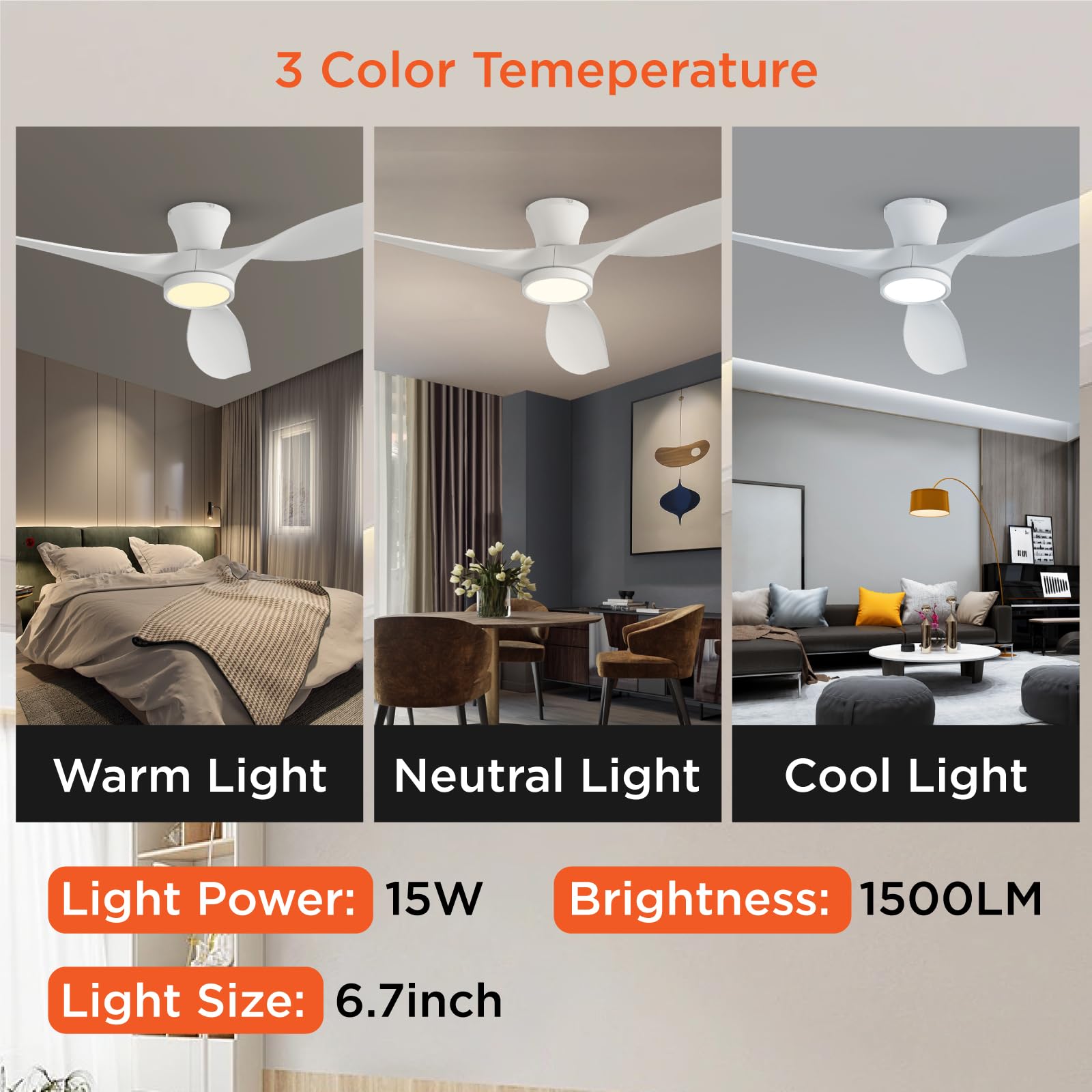 TALOYA 52 inch Ceiling Fans with Lights Remote Control, Modern Low Profile Ceiling Fan with Quiet Reversible DC Motor for Bedroom Living Room and Patio White
