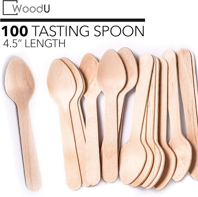 WoodU Mini Wooden Spoons 4.5" Length Disposable EcoFriendly Biodegradable Compostable (Pack