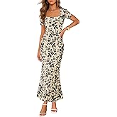 MEROKEETY Women's Summer Floral Bodycon Maxi Dress 2026 Square Neck Short Sleeve Mesh Wedding Guest Cocktail Party Dresses