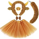 Janinka 5pcs Halloween Highland Cow Costume Set for Girls Women Brown Cow Ears Horns Headband Bowtie Tail Tutu Skirt Animal Fancy Costume Accessories for Halloween Cosplay Party