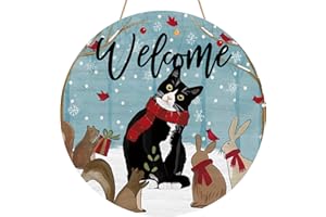 YINENA Winter Welcome Cat Door Sign Cardinal Rabbit Wood Door Hanger for Outdoor Outside Porch Seasonal Winter Christmas Farmhouse Wooden Indoor Wall Hanging Decoration