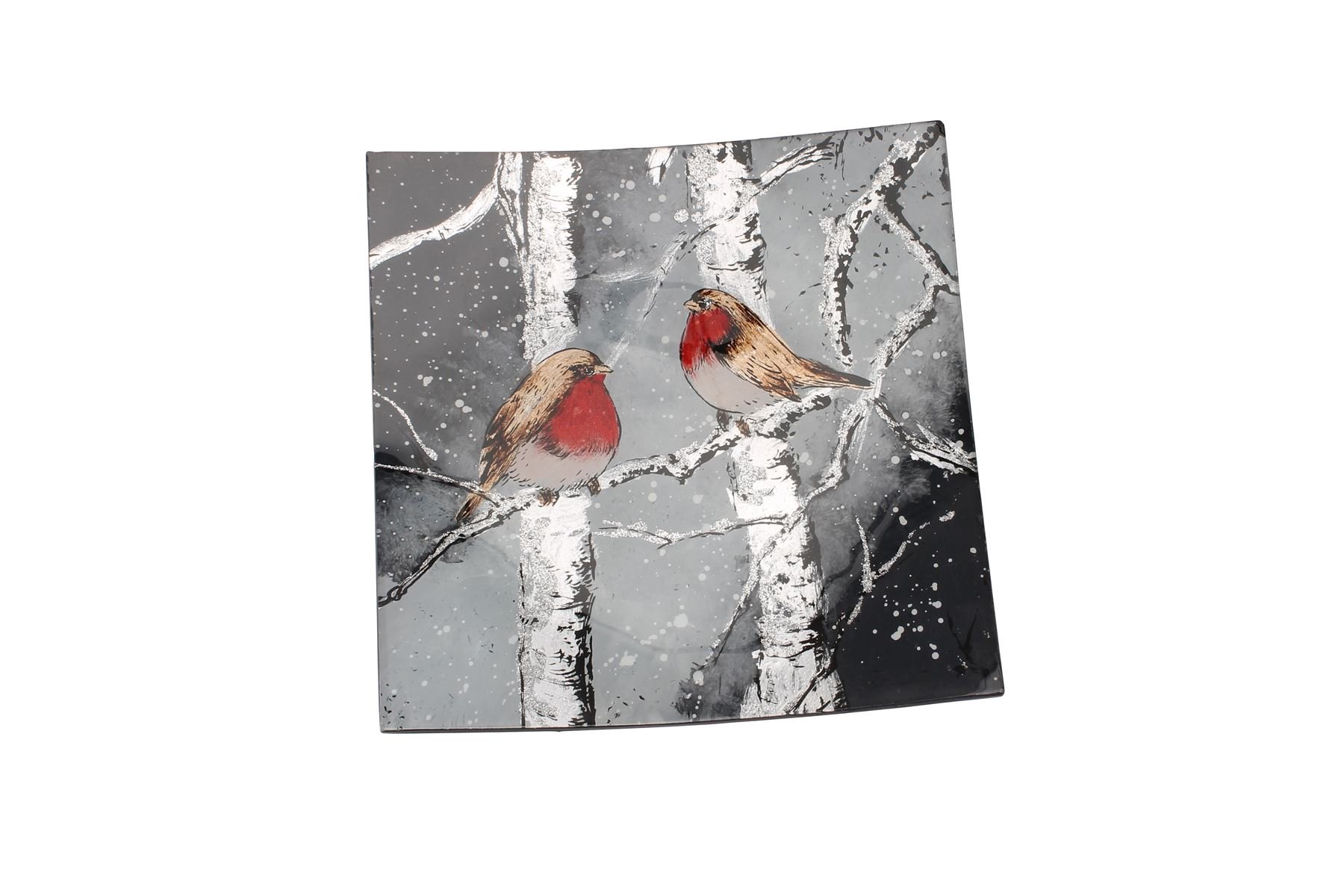 CGB Giftware | Winter Robin Glass Small Square Plate | Winter Robin Range | Christmas | Festive | Tableware | GB02109