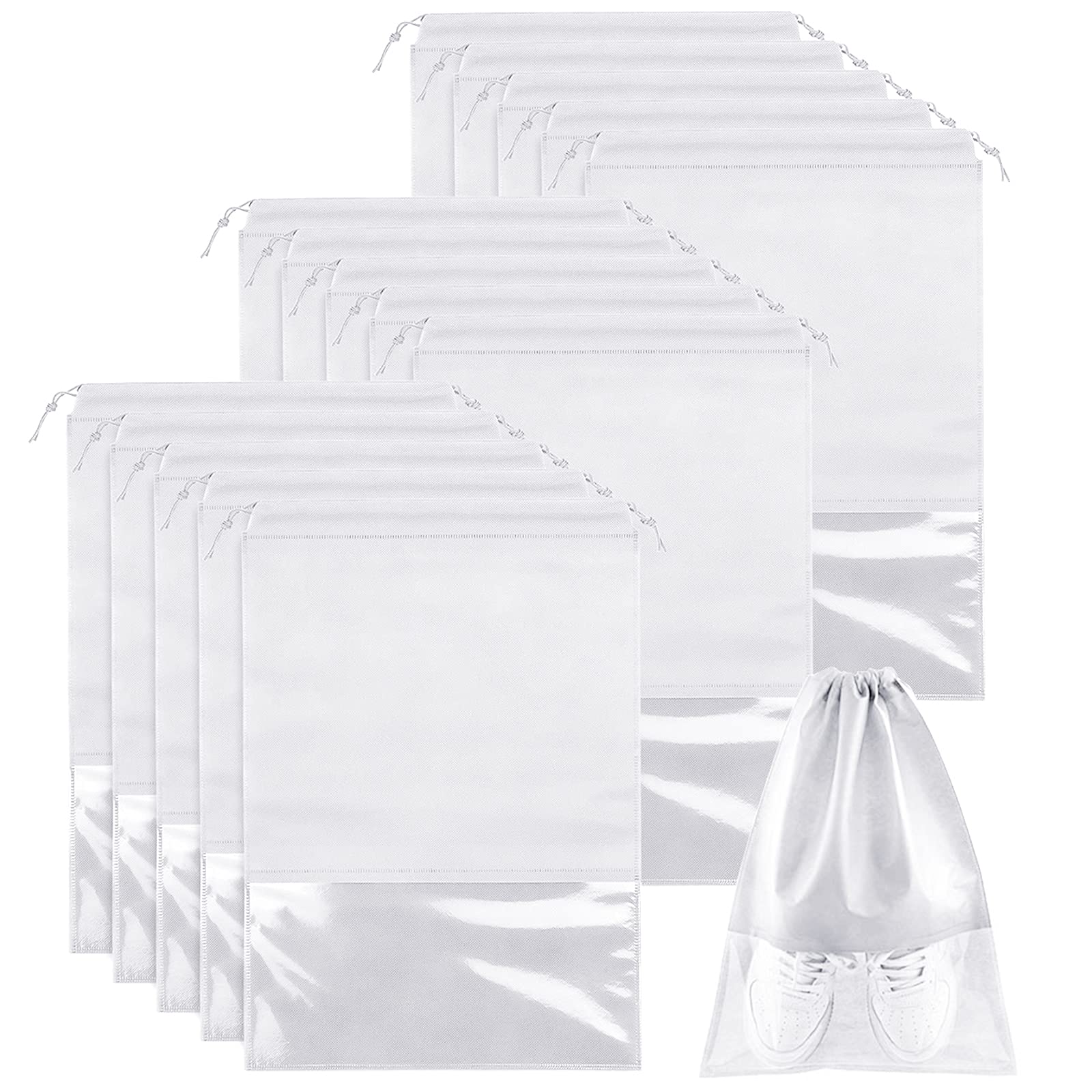 15 PCS Travel Shoe Bag, Large Portable Drawstring Shoes Storage Bags Non-Woven Dust Proof Pouch Space Saving Organizer with Transparent Slot for Men Women Daily and Travel Use (White)